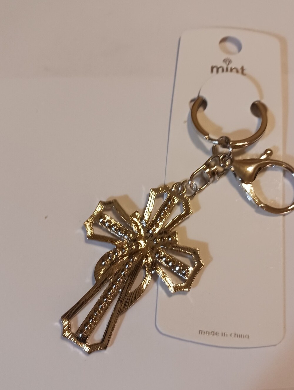 NWT Mint Cross Bag Charm, Silvertone Rhinestone Key Chain